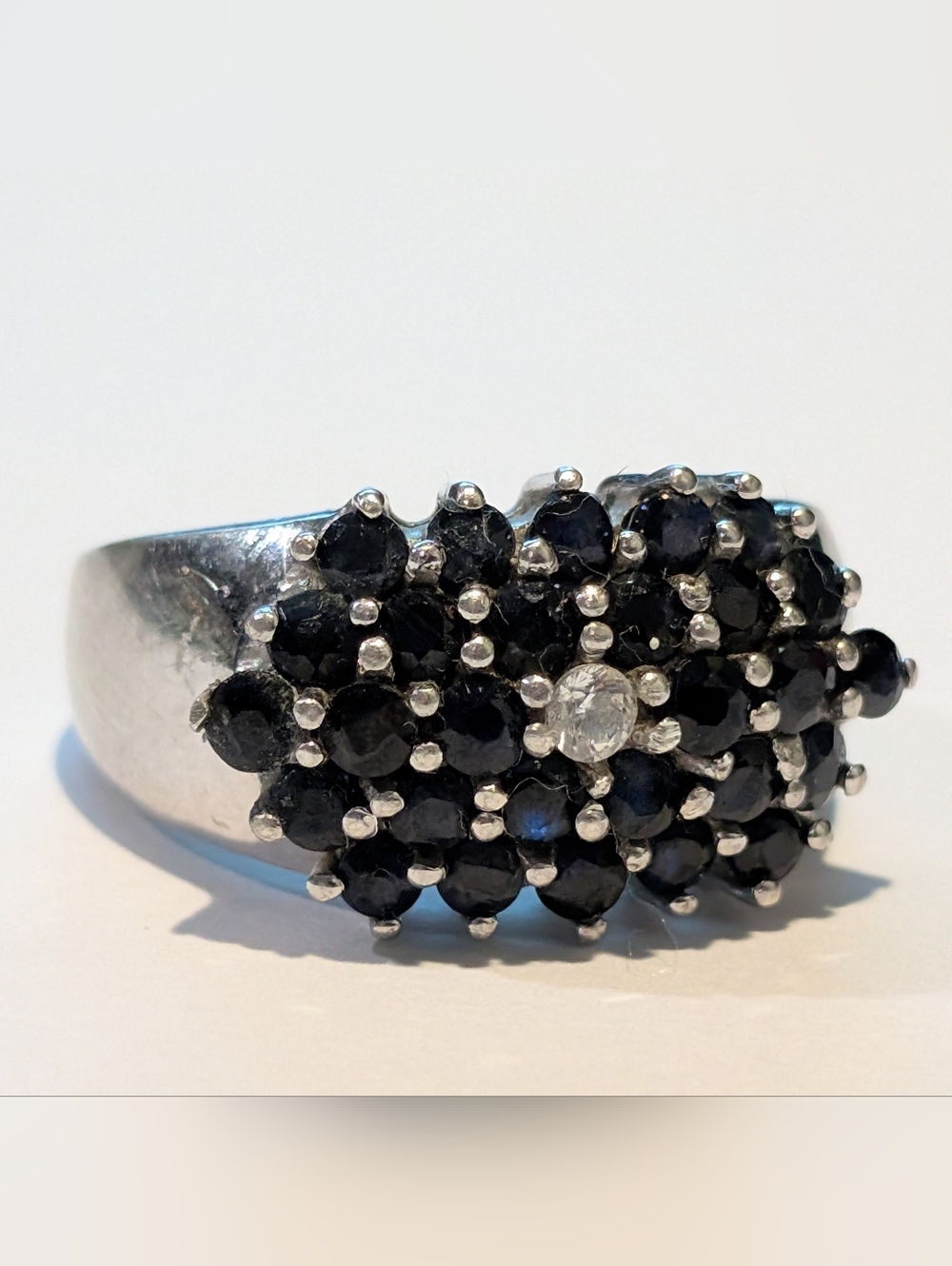 Vintage Dark Blue Sapphire And Cubic Zirconia 925 Silver Cluster Cocktail Ring 7